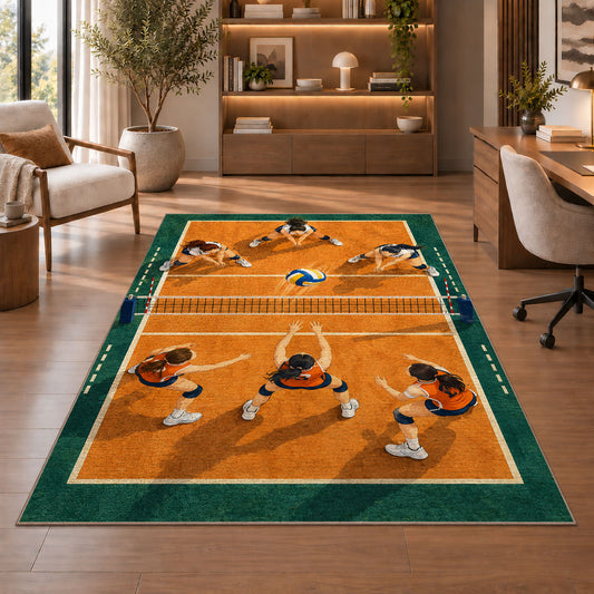 Volleyball Team on Court Rug in a home office with wooden shelves