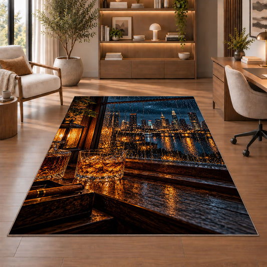 Whiskey by Rainy Window Rug in a home office with wooden shelves