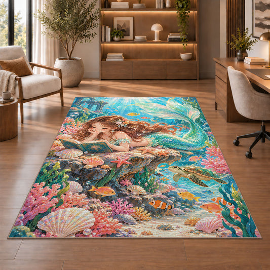 Mermaid Reading a Book Rug in a home office with wooden shelves