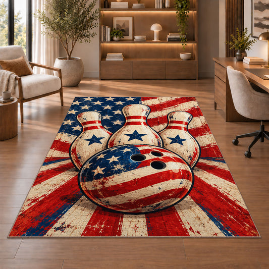 American Flag Bowling Rug in a home office with wooden shelves