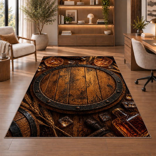 Oak Barrel Head Rug in a home office with wooden shelves