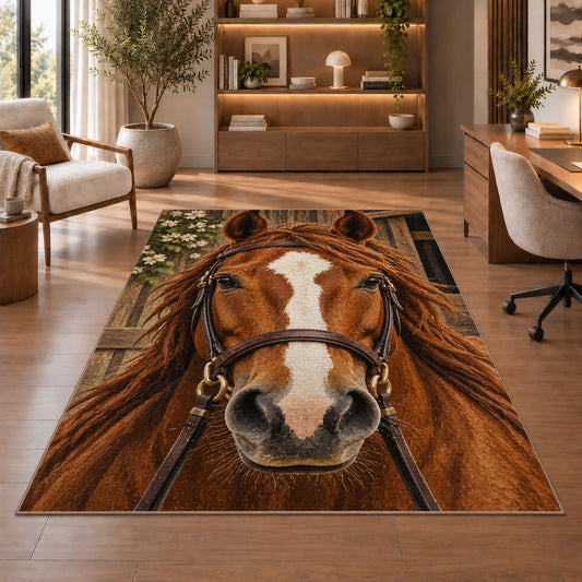 Horse Face Close-Up Rug in a home office with wooden shelves