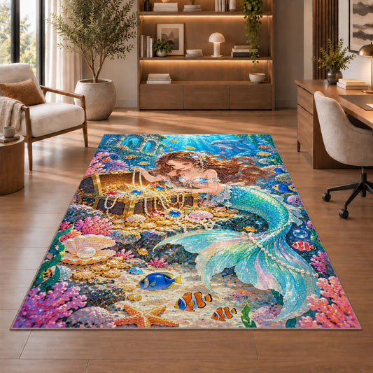 Mermaid and Treasure Chest Rug in a home office with wooden shelves