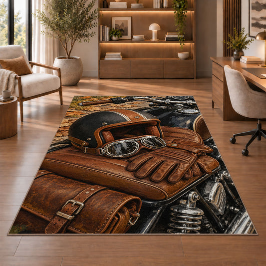 Helmet and Gloves on Saddle Rug in a home office with wooden shelves