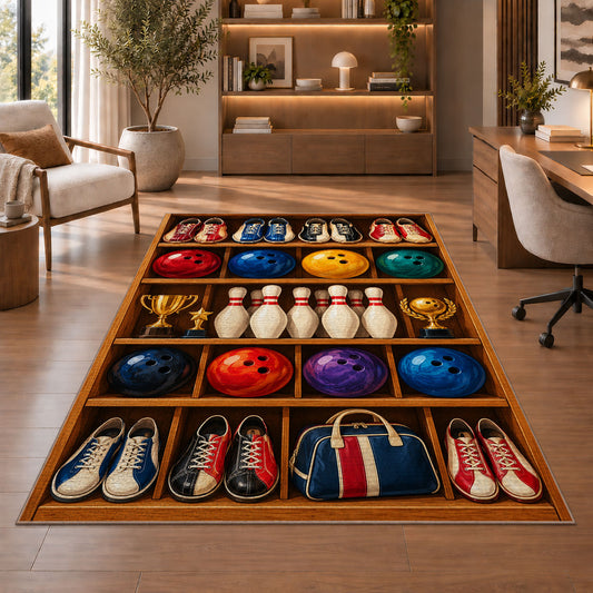 Bowling Gear Shelf Rug in a home office with wooden shelves