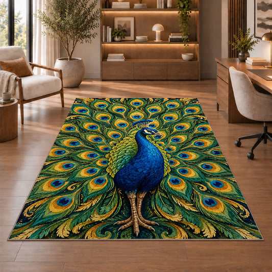 Peacock Feathers Rug in a home office with wooden shelves