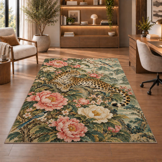 Chinoiserie Leopard and Peony Rug in a home office with wooden shelves