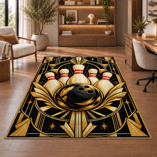 Art Deco Bowling Rug in a home office with wooden shelves