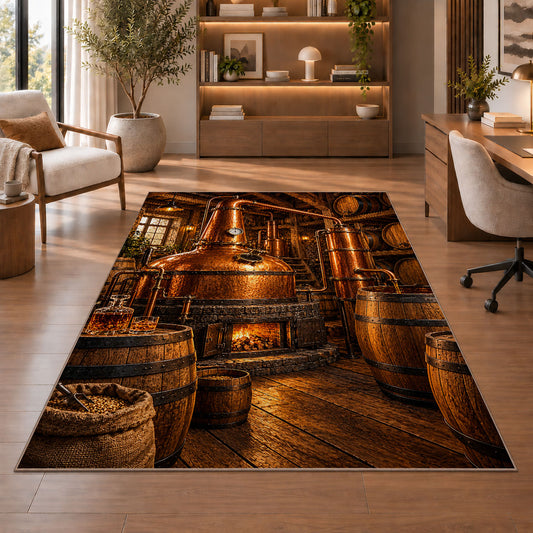 Copper Still Distillery Rug in a home office with wooden shelves