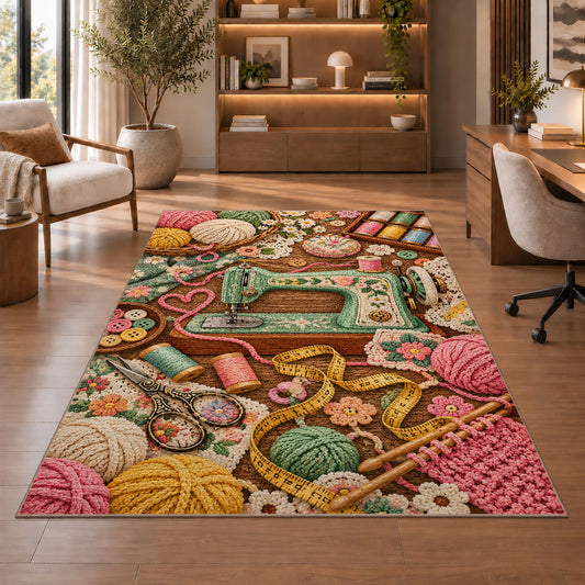 Sewing Machine and Yarn Rug in a home office with wooden shelves