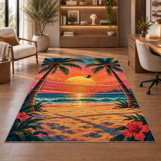 Volleyball Net Between Palms Rug in a home office with wooden shelves