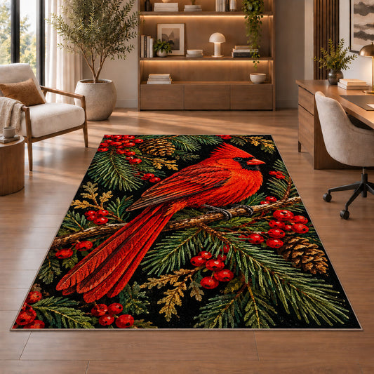 Cardinal on Black Rug in a home office with wooden shelves