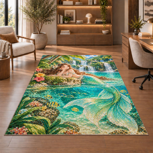Tropical Lagoon Mermaid Rug in a home office with wooden shelves