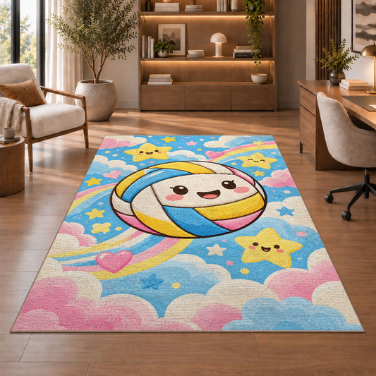 Happy Volleyball Kids Rug in a home office with wooden shelves