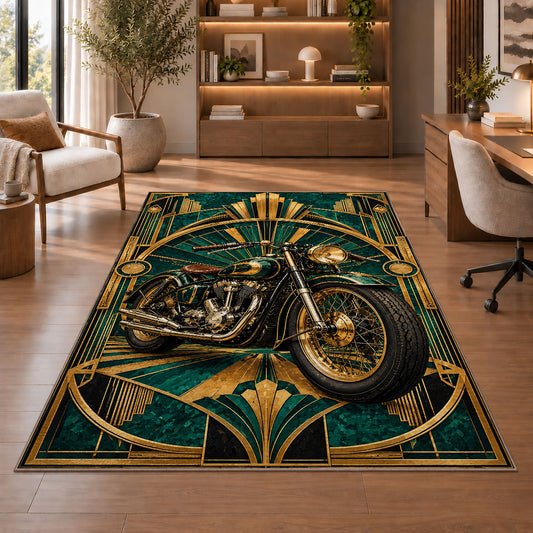 Art Deco Motorcycle Rug in a home office with wooden shelves