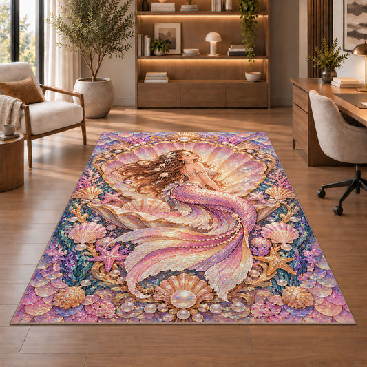 Mermaid in Seashell Frame Rug in a home office with wooden shelves