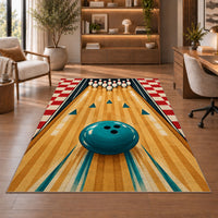 Bowling Lane and Checkers Rug in a home office with wooden shelves