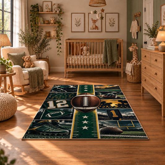 green gridiron jersey design area rug displayed in a nursery