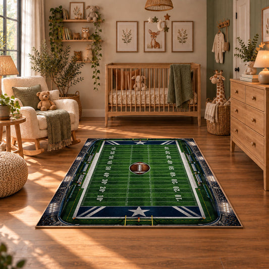 classic football field design area rug displayed in a nursery