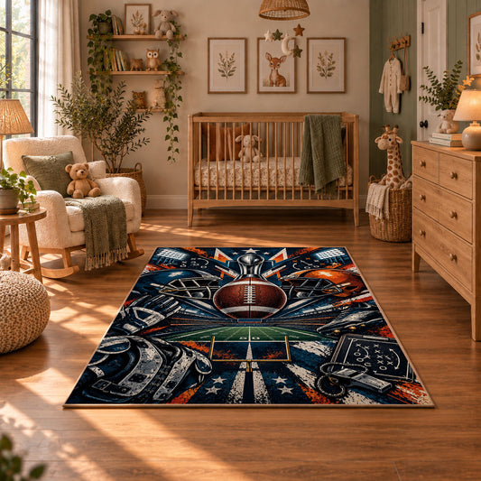 football helmet action collage area rug displayed in a nursery