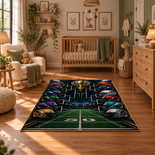 football playoff bracket design area rug displayed in a nursery