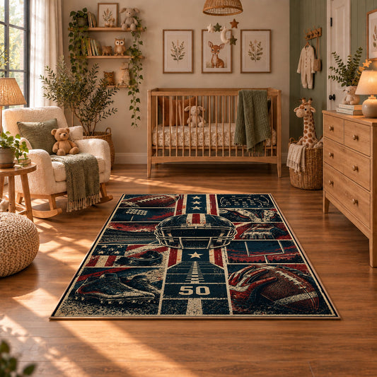 vintage football field collage area rug displayed in a nursery