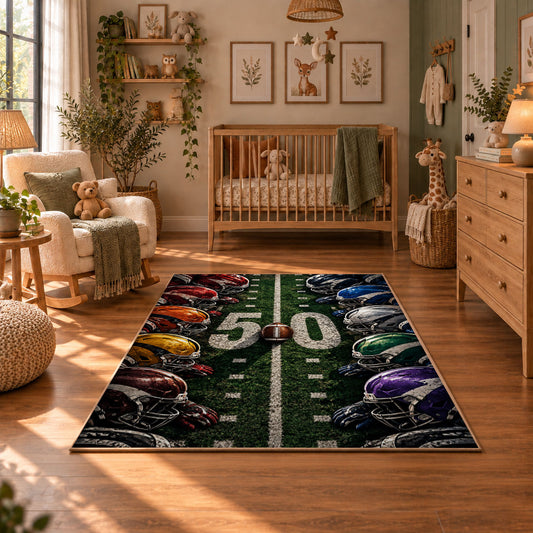 football helmet sideline design area rug displayed in a nursery