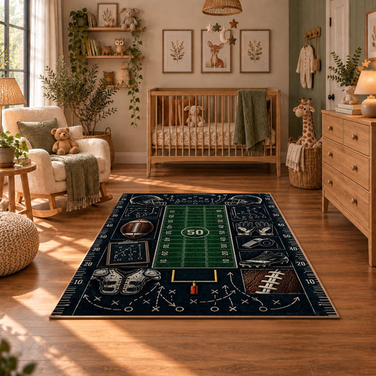 football playbook chalkboard design area rug displayed in a nursery