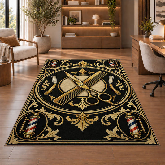 gold scissors and comb barber crest rug in a home office with wooden shelves