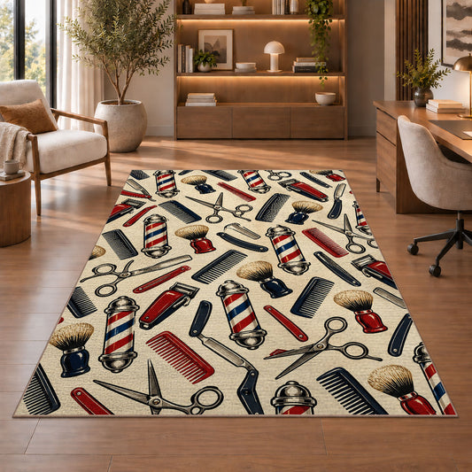 barber tools pattern rug in a home office with wooden shelves