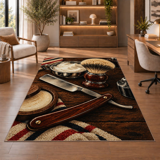 straight razor and shaving brush rug in a home office with wooden shelves