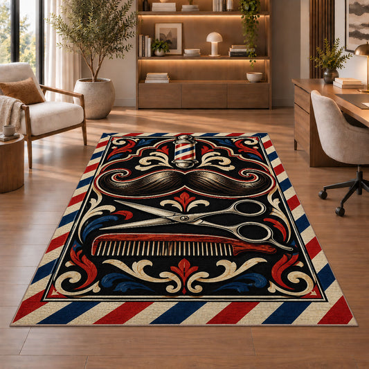 mustache and scissors barber rug in a home office with wooden shelves