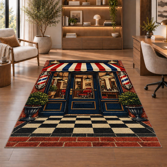 vintage barbershop storefront rug in a home office with wooden shelves