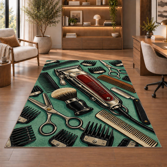 vintage hair clipper rug in a home office with wooden shelves