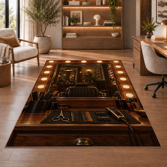 lighted barber mirror rug in a home office with wooden shelves