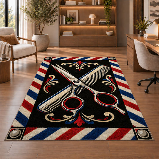 crossed scissors and comb rug in a home office with wooden shelves