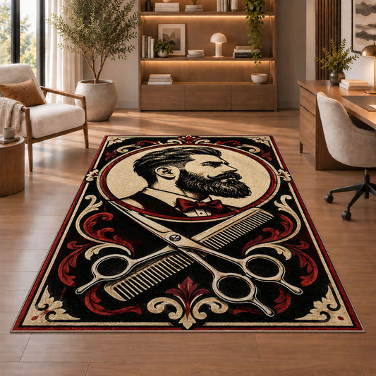 bearded gentleman barber rug in a home office with wooden shelves