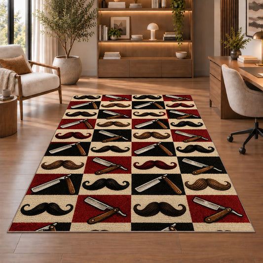 mustache and razor pattern rug in a home office with wooden shelves
