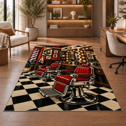 barbershop interior rug in a home office with wooden shelves