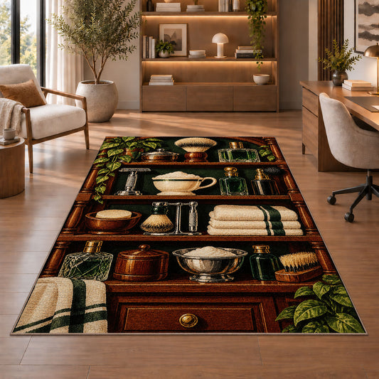 vintage shaving shelf rug in a home office with wooden shelves