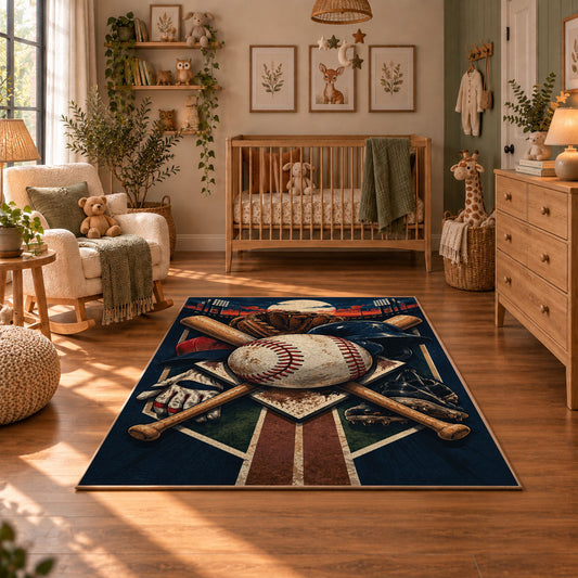 crossed baseball bats and diamond field area rug displayed in a nursery