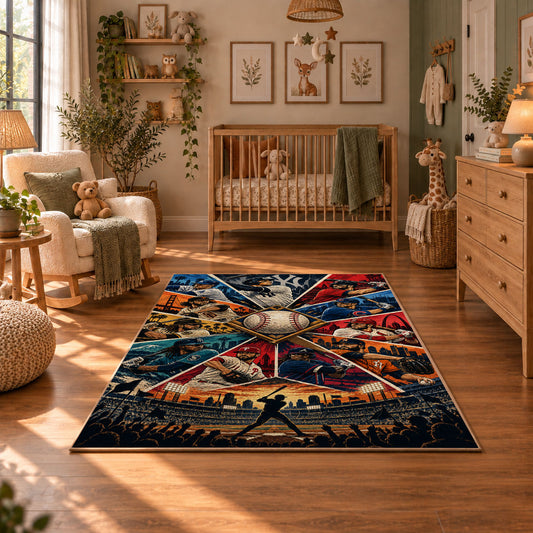 baseball action collage area rug displayed in a nursery