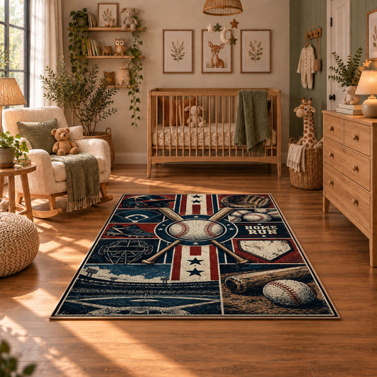 baseball blueprint equipment grid area rug displayed in a nursery