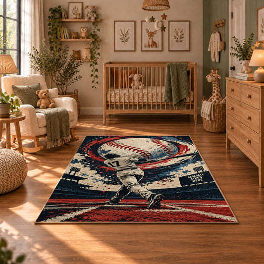 baseball pitcher action design area rug displayed in a nursery