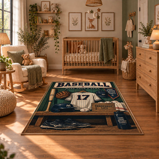 classic baseball locker room scene area rug displayed in a nursery