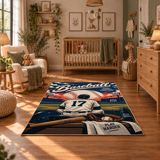vintage baseball player poster area rug displayed in a nursery