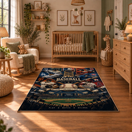 night stadium baseball collage area rug displayed in a nursery