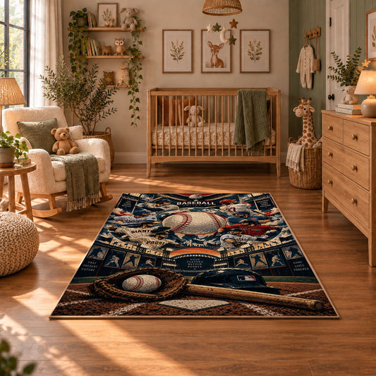 vintage baseball gear collage area rug displayed in a nursery