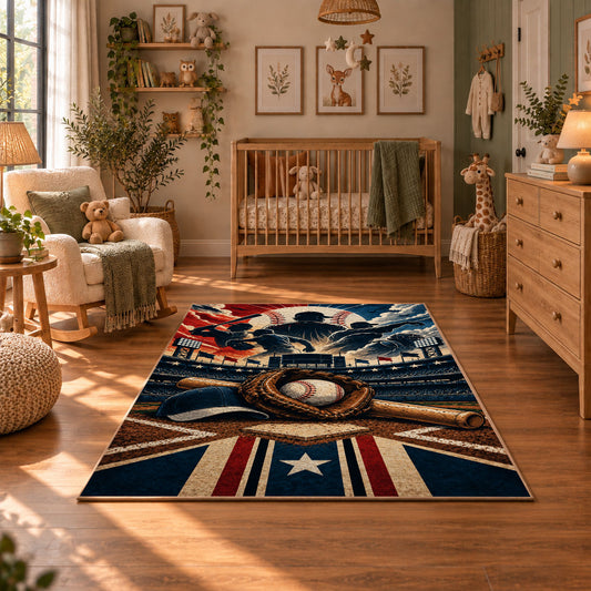 patriotic baseball star emblem area rug displayed in a nursery