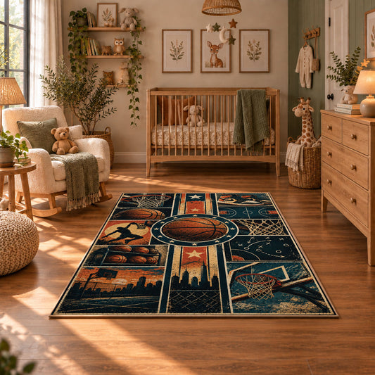 City Skyline Basketball Rug displayed in a cozy nursery